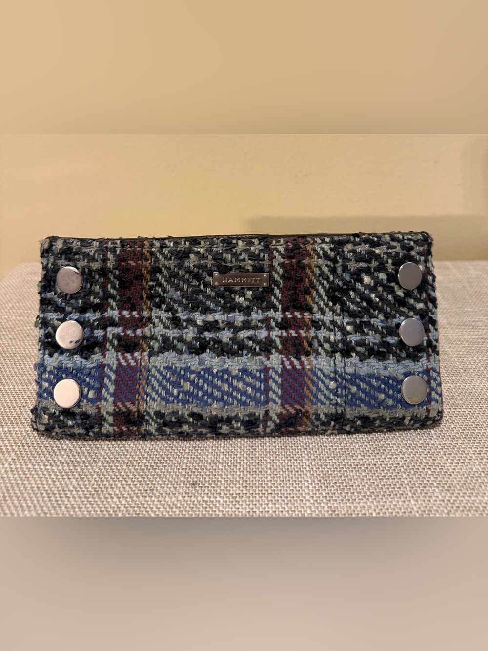 Hammitt 110 North Slim Wallet Woven Waltz Tweed Leather Plaid Silver Rivets